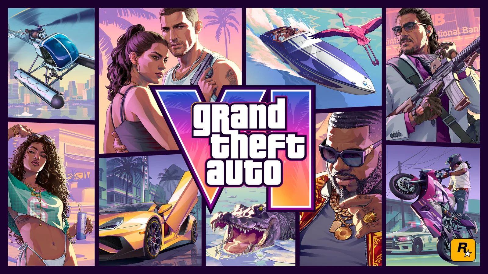 Official GTA VI cover artwork, featuring Jason, Lucia and scenes from Leonida
