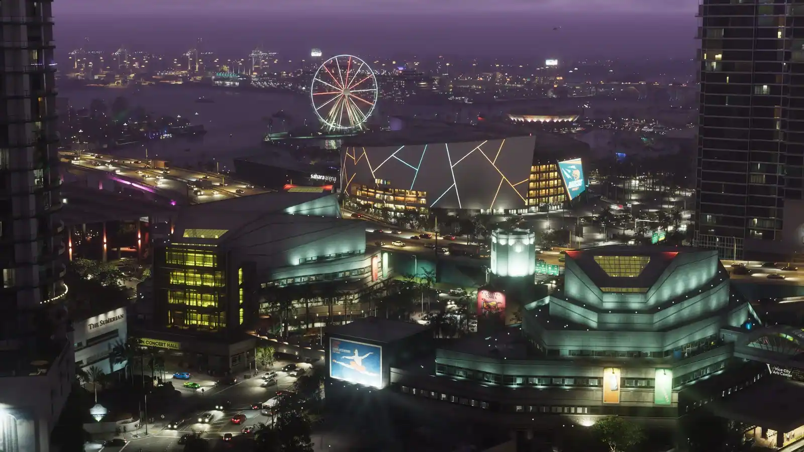 Illuminated city towers and a waterfront Ferris wheel at night — regional or character illustration for this guide